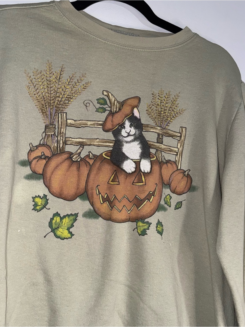Vintage Halloween Cat Pumpkin Sweatshirt Beige Graphic Crewneck Large